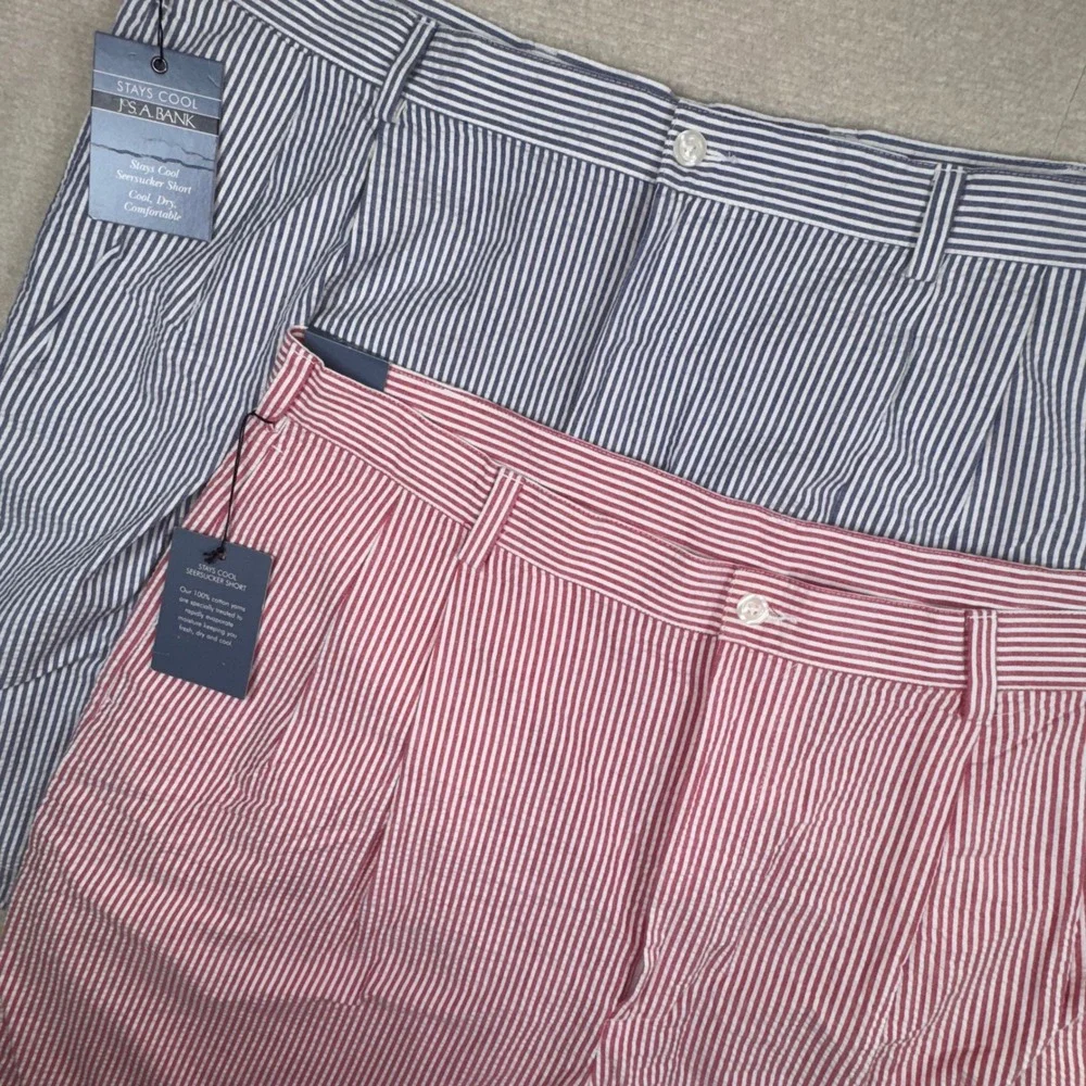Jos. A. Bank Seersucker Shorts Mens 42 Blue Red Striped Pleated Stays Cool NWT
